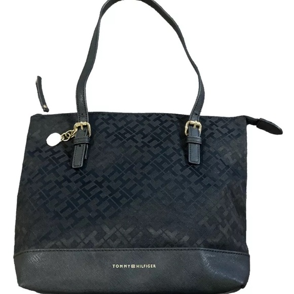Tommy Hilfiger Black Medium Size Signature Logo Tote Shoulder Bag w/ Purse Charm - Picture 1 of 6